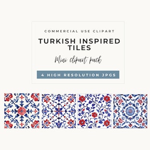 May include: A digital clipart pack showcasing Turkish-inspired tile designs. The image presents four square tile patterns in red, blue, and white, with floral and geometric motifs. The text reads "Commercial Use Clipart" and "Turkish Inspired Tiles".