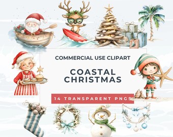 Coastal Christmas Clipart | Beach Holiday Watercolor PNG (14 Images)