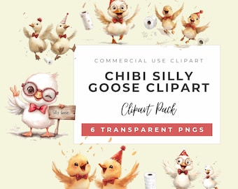 Watercolor Silly Goose Clipart Set: Funny Chibi Goose Art (Instant Download, Commercial Use)