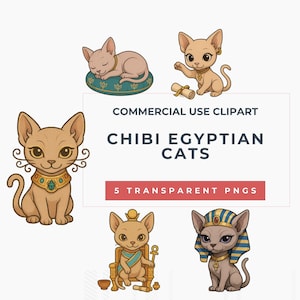 May include: Five cartoon Chibi Egyptian cats in different poses. The cats are tan and grey, some wearing Egyptian-style collars and headdresses. The image includes the text "Commercial Use Clipart" and "Chibi Egyptian Cats".