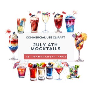 Clipart sans alcool le 4 juillet, aquarelle boissons patriotiques, PNG d'été bleu blanc rouge, cartes de recettes, habillages graphiques de fête, travaux manuels créatifs, fabrication de cartes