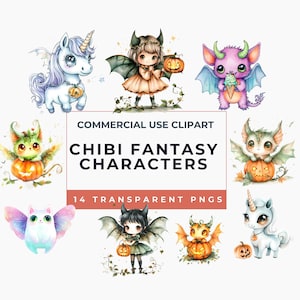 Może przedstawiać: Kolekcja akwarelowych postaci fantasy chibi, w tym jednorożec, dziewczyna ze skrzydłami nietoperza, fioletowy smok i zielone stworzenie z dynią. Obraz zawiera tekst "COMMERCIAL USE CLIPART" i "CHIBI FANTASY CHARACTERS".