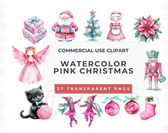 Pink Christmas Watercolor Clipart Set, Transparent PNG Images (Commercial Use)