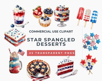 Imágenes prediseñadas de postres del 4 de julio / Paquete de imágenes PNG patrióticas (uso comercial)