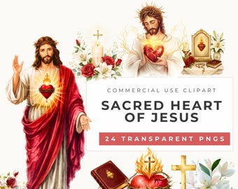 Sacred Heart of Jesus Clipart, Catholic Watercolor PNG Pack, Devotional Designs (Commercial Use)