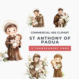 Antonius von Padua Clipart Bundle | 5 PNGs Chibi & Aquarell-Stile | Katholische Symbolkunst | Jesuskind, Lilie, Franziskaner Robe