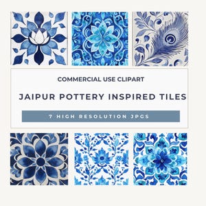 May include: A collection of Jaipur pottery-inspired tiles with intricate blue and white floral patterns. The image includes various designs, including a peacock feather and a lotus flower. Text on the image reads "Commercial Use Clipart" and "Jaipur Pottery Inspired Tiles."