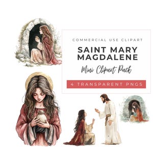 Pode incluir: Conjunto de cliparts em aquarela com Santa Maria Madalena. As imagens incluem ilustrações de Santa Maria Madalena em várias cenas, com texto que diz "COMMERCIAL USE CLIPART", "SAINT MARY MAGDALENE" e "Mini Clipart Pack".