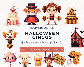 Halloween Circus Clipart | Cute Chibi PNGs, Witch, Clown (Instant Download)