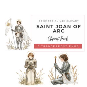 Clipart de Santa Juana de Arco en acuarela / Arte de santa guerrera católica / Mujer caballero imprimible / Santa heroína PNG / Descarga instantánea
