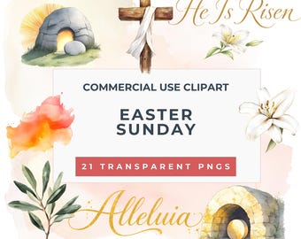 He Is Risen Easter Clipart, Watercolor Open Tomb, Lilies, Sunrise Wash (PNG Set)