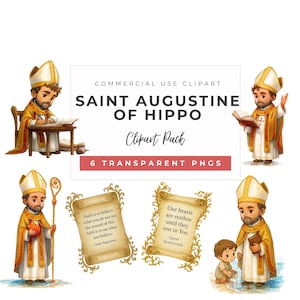 Op de afbeelding: Een digitaal clipartpakket met Sint Augustinus van Hippo. De afbeelding bevat illustraties van Sint Augustinus in religieuze kleding, lezend en religieuze voorwerpen vasthoudend. De tekst bevat citaten en de zin "6 Transparante PNG's."