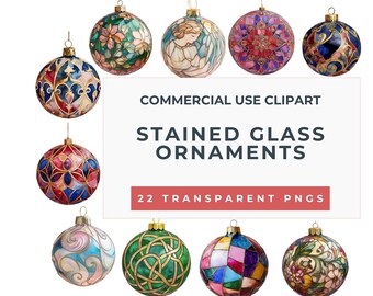May include: Set of 22 stained glass Christmas ornaments in various colours and designs. The ornaments are round and feature intricate patterns. COMMERCIAL USE CLIPART. STAINED GLASS ORNAMENTS. 22 TRANSPARENT PNGS.
