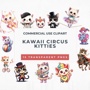 Kawaii Circus Cat Clipart | Cute Carnival Kitties for Junk Journals, Baby Showers, Nursery prints, Kids Crafts, Party Decor. Commercial Use