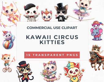 Kawaii Circus Cat Clipart | 15 PNG Images, Commercial Use