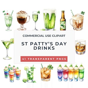 May include: A set of 41 watercolor illustrations of St. Patrick's Day drinks. The illustrations include green beer, Irish coffee, cocktails, and shots. The illustrations are perfect for creating St. Patrick's Day themed designs.