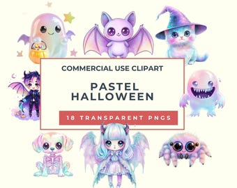 Clipart di Halloween in stile kawaii pastello: fantasma iridescente, pipistrello, strega (PNG)