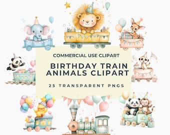 Pastel Birthday Train Animals Clipart | Watercolor Baby Shower Nursery PNG Bundle (Instant Download)