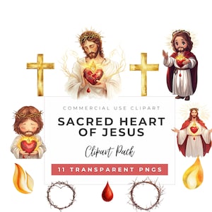 Clipart del Sagrado Corazón de Jesús, estilo devocional católico y chibi, paquete PNG para diarios, tarjetas de oración, imprimibles y pegatinas. Uso comercial.