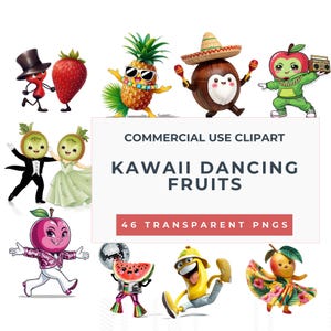 Pacote de clipart de frutas dançantes Kawaii | Frutas fofas PNG para artesanato infantil, convites de aniversário, decoração de festa e papelaria