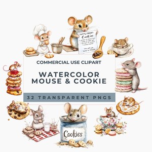 Op de afbeelding: Een collectie aquarelillustraties met muizen en koekjes, waaronder een muis met een koksmuts, een muis met een receptkaart en muizen bij koekjestrommels, theekopjes en stapels koekjes, met de tekst COMMERCIAL USE CLIPART.