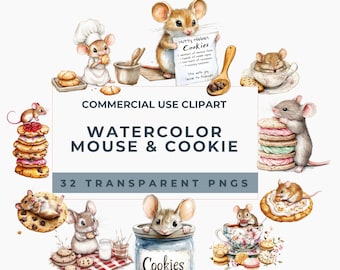 May include: A collection of watercolor illustrations featuring mice and cookies, including a mouse in a chef hat, a mouse holding a recipe card, and mice interacting with cookie jars, teacups, and stacks of cookies, with text reading COMMERCIAL USE CLIPART.