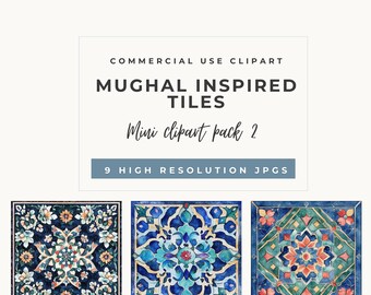May include: Digital clipart pack featuring Mughal-inspired tiles. The image showcases three square tile designs with intricate floral and geometric patterns in shades of blue, orange, and green. The text reads "Mughal Inspired Tiles" and "Mini clipart pack 2".