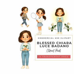 Könnte beinhalten: Digitales Clipart-Paket mit vier Illustrationen eines jungen Mädchens in verschiedenen Posen. Das Mädchen hat braune Haare und trägt verschiedene Outfits, darunter ein Tennis-Outfit und ein gestreiftes Oberteil. Der Text "Blessed Chiara Luce Badano Clipart Pack" ist ebenfalls enthalten.
