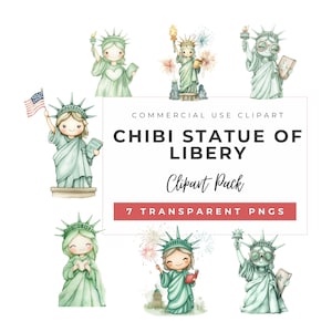Clipart Chibi da Estátua da Liberdade | Pacote PNG de 4 de Julho | Conjunto Patriótico em Aquarela Fofo | Conjunto PNG da Estátua da Liberdade Kawaii | Uso Comercial