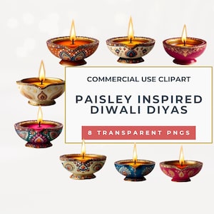 Paisley Diwali Diya Clipart | Indian Lamp PNG Set, Commercial Use (Instant Download)