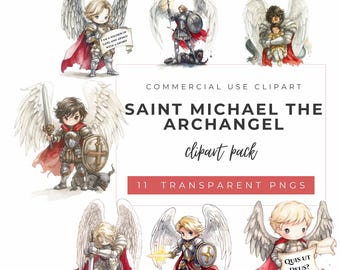Imágenes prediseñadas de San Miguel en acuarela: imágenes PNG de ángeles católicos, uso comercial.