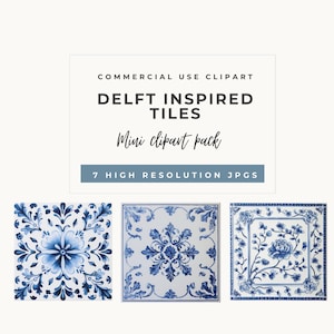Könnte beinhalten: Delft-inspirierte Kachel-Cliparts mit drei quadratischen Kacheln mit blauen Blumenmustern auf weißem Hintergrund. Der Text lautet "DELFT INSPIRED TILES" und "Mini clipart pack". Enthält 7 hochauflösende JPGs.