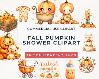 Our Little Pumpkin Baby Shower Clipart Pack |Fall Pumpkin Cutie PNGs | Pram, Onesie, Bottle, Balloons, Wreath, Cake Topper|Instant Download.