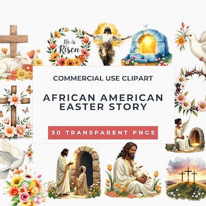 Clipart de Pascua cristiana afroamericana / Resurrección de Jesús PNG / Ángel, María Magdalena, Cruz, Resucitado, Arte de fe en acuarela