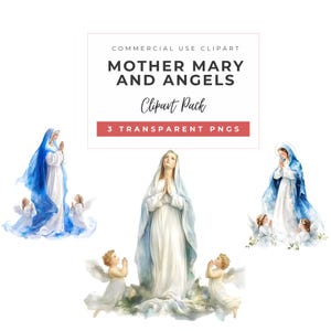 Aquarel moeder Maria clipart set met engelen, Marian afdrukbare kunst voor katholieke feestdagen, dopen en religieus decor | Commercieel gebruik.