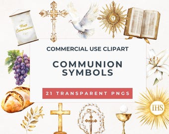 Pakiet clipartów z symbolami komunijnymi | Złoty i biały katolicki plik PNG do pobrania | Kielich, hostia, krzyż, Biblia, winogrona, pszenica, gołąb, świeca