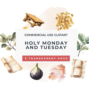 Holy Monday and Tuesday Symbols Clipart Pack , Holy week pngs, Fig Branch & Figs, Money Changers Coins, Biblical Christian Easter PNG