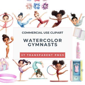 Conjunto de imágenes prediseñadas de gimnasta chibi kawaii / Imágenes prediseñadas de acróbata de acuarela / Ilustración de equipo de gimnasia / Imágenes prediseñadas de deportes para manualidades infantiles.