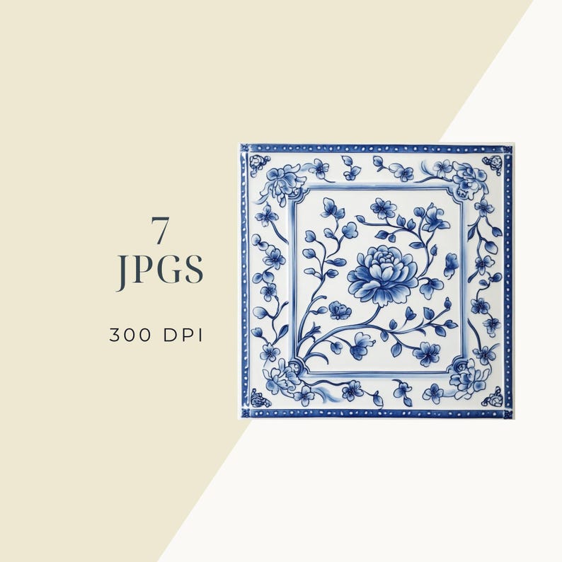 Delft Tile Clipart: Blue & White Floral Watercolor Designs (7 JPG ...