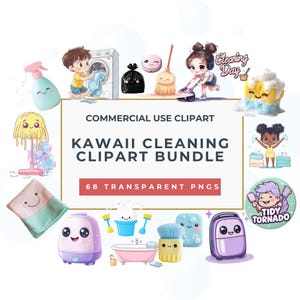 Kawaii Cleaning Clipart Bundle | Cute Cleaning Supply PNGS for Stickers, Planners, Chore Charts, Printable| Digital Download| Commercial Use