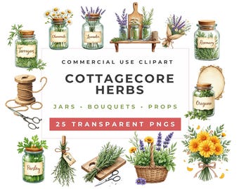 Imágenes prediseñadas de hierbas en acuarela: tarros, ramos y accesorios de estilo cottagecore (descarga digital PNG)