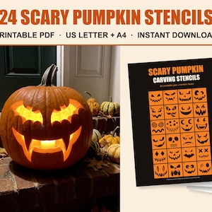 May include: A digital collection of 24 scary pumpkin carving stencils featuring various jack-o'-lantern face designs. The printable PDF includes US Letter and A4 formats. An orange pumpkin with a carved bat-like face sits on a brick step.