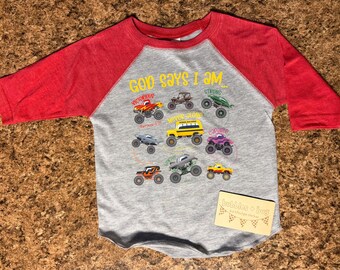 Infant-Youth Custom God Says I am Monster Truck - Short Sleeve - Baseball Tee - Long Sleeve - Crewneck