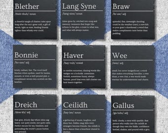 Scottish Gift slate coaster - Scotland dictionary coasters gift for Scottish friends and family. Scottish Sayings Present, Haver, Wee, Braw+
