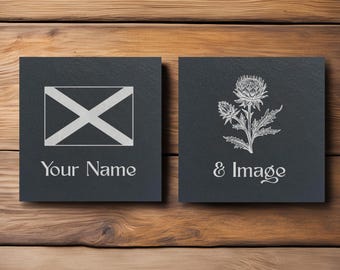 Scottish Flag Slate Coaster: Engraved Thistle Design, Scotland Gift
