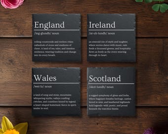Great Britain and Ireland Nations Slate Coaster Set – Wales, England, Scotland & Ireland Dictionary Style Gifts | Rustic Home Décor, British
