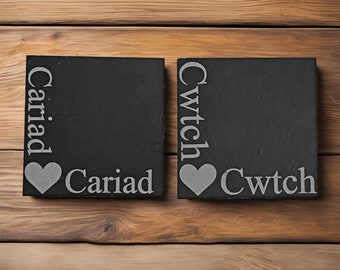 Welsh Gift Slate Coasters - Welsh Language Gift for Welsh family and friends - Cwtch Cariad Teulu Coffi Welsh Gifts