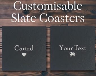 Personalized Slate Coaster: Welsh Dragon or Heart, Custom Engraved Gift