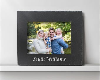 Welsh Custom Engraved Family Slate Photo Frame –“Teulu [Name]” Welsh Family Frame, Personalised Welsh Picture Frame - Rustic Welsh Gift idea
