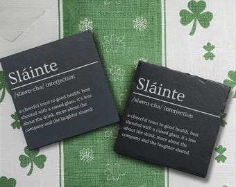 Sláinte Engraved Slate Coaster – Irish Toast Definition Gift, Gaelic Irish Gift for Irish dad, Rustic Bar Decor, St. Patrick’s Day Gift Idea